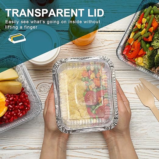 1LB Aluminum Pans with Clear Lids (50PACK)，Foil Pans - to Go Food Containers，Recyclable Aluminum Foil with Strong Seal for Freshness & Spill Resistance- 5.5"x 4.5"x 1.57"