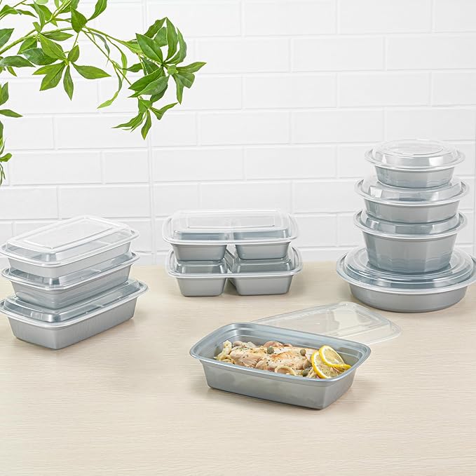 Restaurantware Asporto 38 Ounce Take Out Containers, 100 Food Containers With Lids - Microwavable, Disposable, Silver Plastic To Go Food Containers, No BPA, For Take Out And Delivery