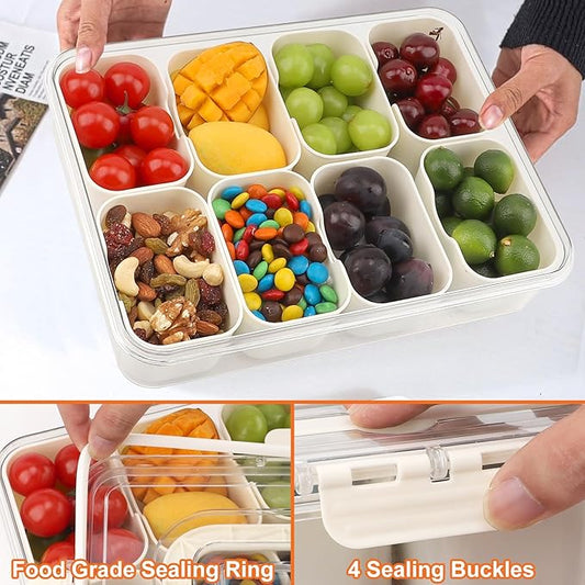 Divided Serving Tray with Lid and Handle, Portable Snackle Box with 8 Compartments & 8 Fruit Forks & 2 Spoons, Charcuterie Container for Party, Fruit, Nuts, Candy, Entertaining, Picnic, 2 Pack