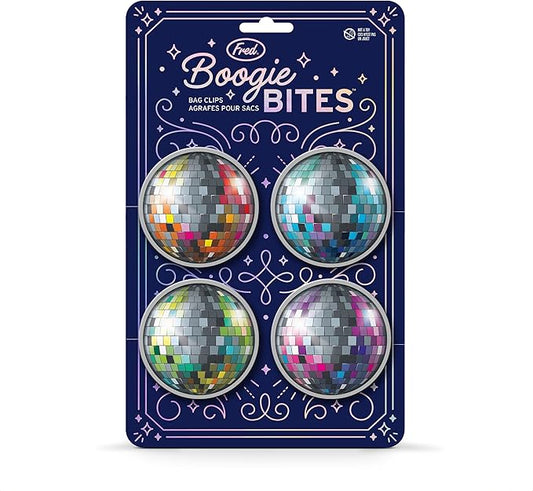 Genuine Fred BOOGIE BITES, Disco Ball Bag Clips, Set of 4, Set of 4 Groovy Spring-Loaded Clips for Fresh Snacks, Metallic Printed Graphics, Fun Food Storage Clips, Fun Kitchen Accessories