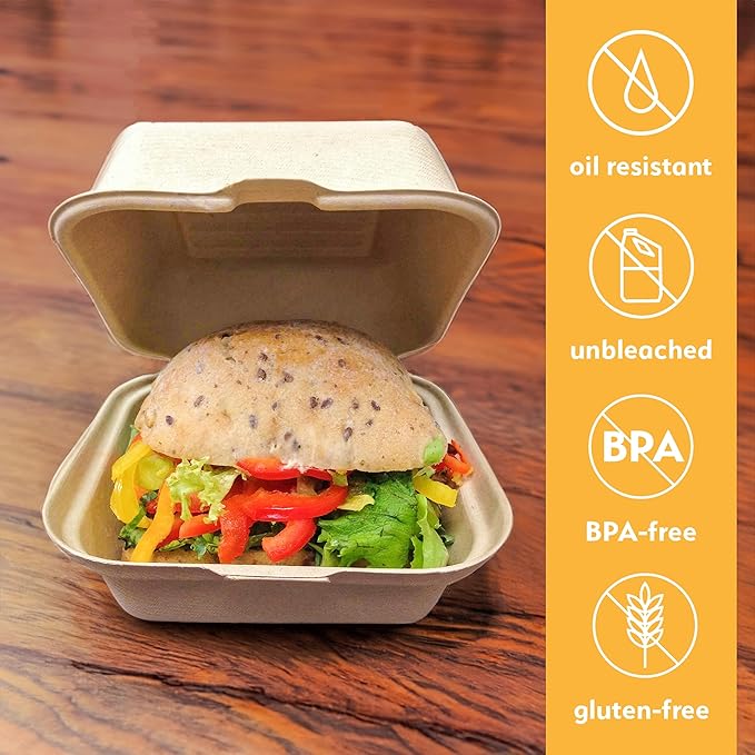 100% Compostable Disposable Food Containers with Lids [6”X6” 50 Pack] Eco-Friendly Take-Out TO-GO Containers, Heavy-Duty, Biodegradable, Unbleached by Earth's Natural Alternative