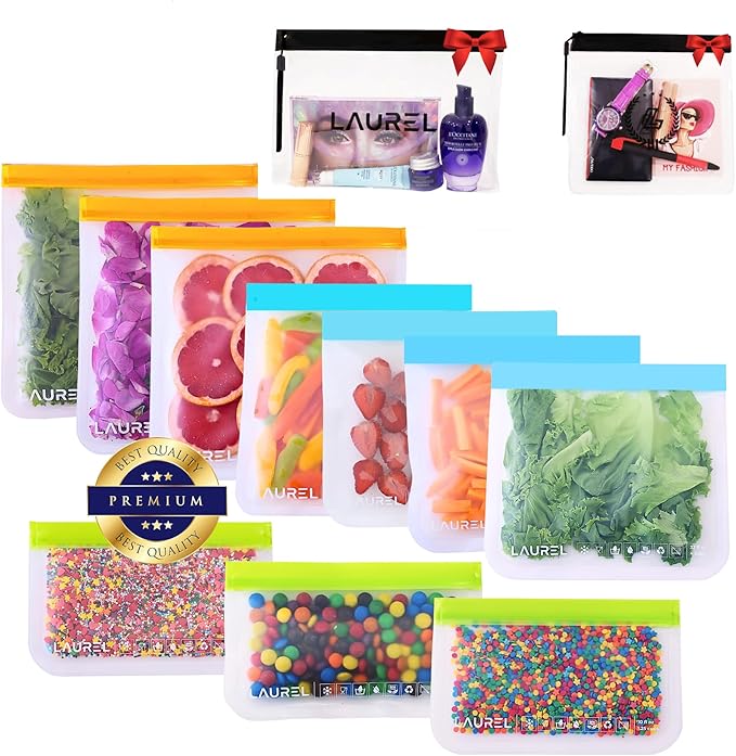 LAUREL Reusable Freezer Silicone Food Storage Bags -10 Pack+2 Gift, PEVA Silicone Bags for Food Storage, Reusable Plastic Free Ziplock Bags (3 Gallon Freezer Bags + 4 Sandwich Bags + 3 Snack Bags)