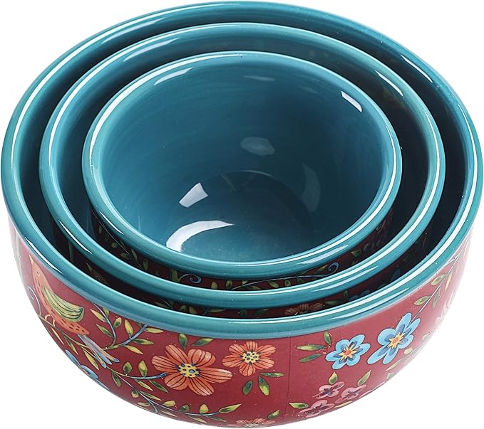 Bico Red Spring Bird Ceramic Bowl with Air Tight Lid Set of 3(27oz, 18oz, 9oz each), Prep bowls, Food Storage Bowl for Salad, Snacks, Fruits, Microwave and Dishwasher Safe