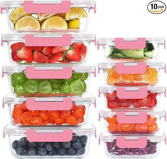 10 Pack Glass Food Storage Containers, Meal Prep Containers with Lids, Airtight Glass Lunch Boxes, Freezer, Oven, and Microwave Safe, Pink