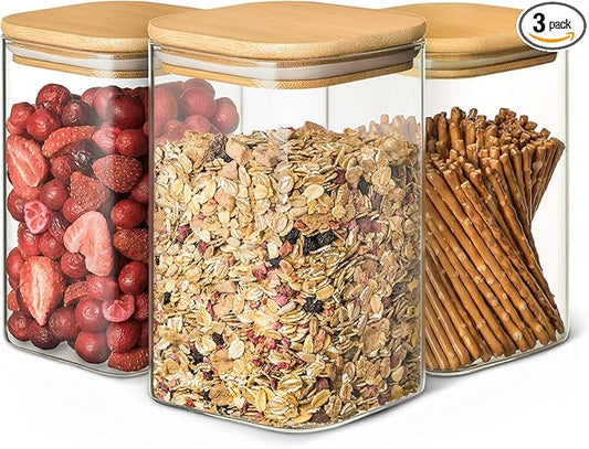 Kitchen Storage Jars 34oz - Set of 3 Bamboo Lid Storage Containers - Square Glass Food Storage Jars - Airtight Glass Pantry Storage