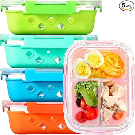 5 Pack Glass Meal Prep Containers 3 Compartment with Lids, Divided Glass Storage Containers with Silicone Sleeve for Lunch, Leak-Proof Portion Control Food Containers, Dishwasher Safe, 34 oz