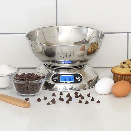 Escali Rondo Contemporary Kitchen Bowl Scale 2-Quart, Dishwasher Safe Bowl, Measures Liquids and Dray Ingredients, LCD Digital Display, 11lb Capacity, Stainless Steel