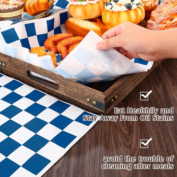 Honeydak 600 Pcs Sandwich Wrapping Paper Sheet 15x15 Checkered Food Wax Sheets Parchment Paper Basket Liner Grease Restaurant Wedding Party Supplies for Wrapping Bread Burgers(Blue)