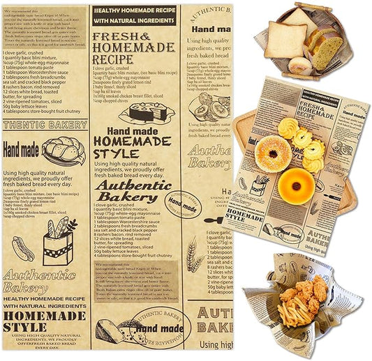 OTOPETE 200Pcs Food Paper Sheets, 12"x7.8" Grease Resistant Food Wrapper Paper, Newspaper Theme Hamburger Sandwich Basket Liner, Tray Liner, for Home Kitchen Baking, Picnic, Party, Kraft Paper