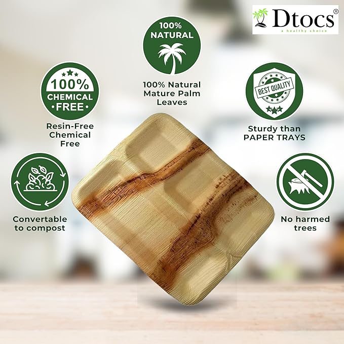 Palm Leaf Compartment Plate Disposable 11x9 Inch (50 Pc.) Bamboo Divided Plate look Compostable Portion Plates For Lunch Canteens, Picnic, Birthday | Sturdy Alternate to Paper Sectional Plates