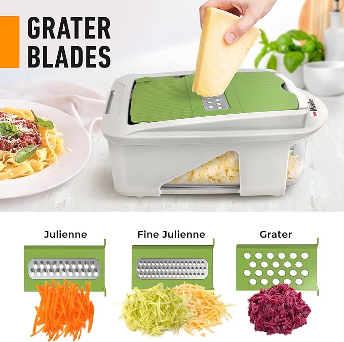 Mueller Pro-Series All-in-One, 12 Blade Mandoline Slicer for Kitchen, Food Chopper, Cucumber Slicer and Spiralizer, Cutter, Dicer, Grater, Gifts for Mom, Kitchen Essentials, White Sand/Green