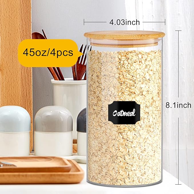Glass Storage Jars 45 oz 4 Pcs Clear Glass Food Storage Containers with Airtight Bamboo Lid Stackable Kitchen Canisters for Candy,Cookie,Rice,Sugar,Flour,Pasta,Nuts and Spice Jars