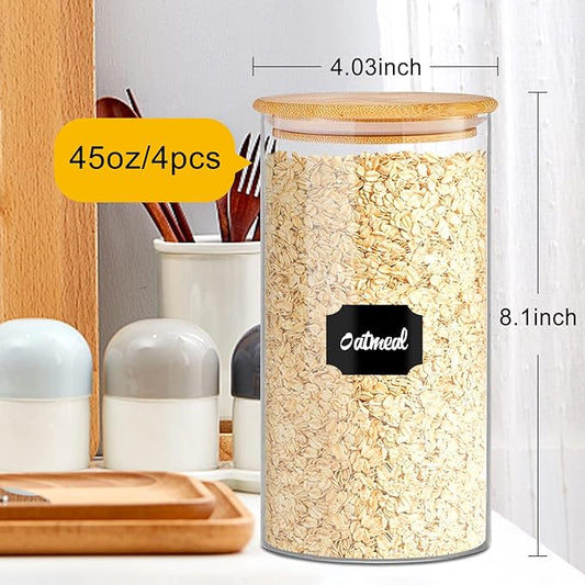 Glass Storage Jars 45 oz 4 Pcs Clear Glass Food Storage Containers with Airtight Bamboo Lid Stackable Kitchen Canisters for Candy,Cookie,Rice,Sugar,Flour,Pasta,Nuts and Spice Jars