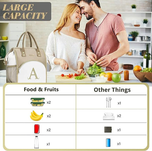 Personalized Lunch Box for Women, Reusable Insulated Lunch Bag, Wide-Open Adult Lunchbox Cooler Lunchbag Snack Organizer, Initial Leakproof Lunch Tote Bag for Picnic Work Outdoors, X