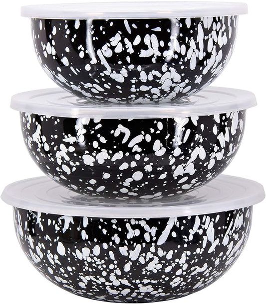 Golden Rabbit Enamelware - Set of 3 - Mixing Bowls (Black Swirl)