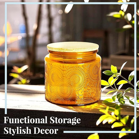 Decorative Glass Jars With Lids, 12 oz Small Vintage Food Storage Canning Jar With Airtight Bamboo Lid and Labels, For Spices Candle Making Apothecary Kitchen Bathroom (Amber, 8 pack)