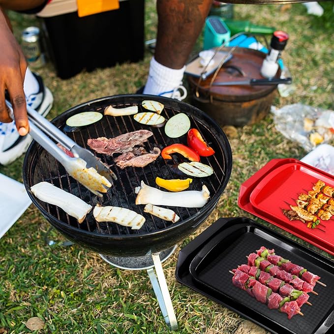 Set of 4 Grill Prep Trays 17x12 Inch 14x10 Inch Large Grill Tray for Cooking Meat Thawing Tray BBQ Serving Plastic Platter, Black Red Stackable Defrosting Grill Prep and Carry System