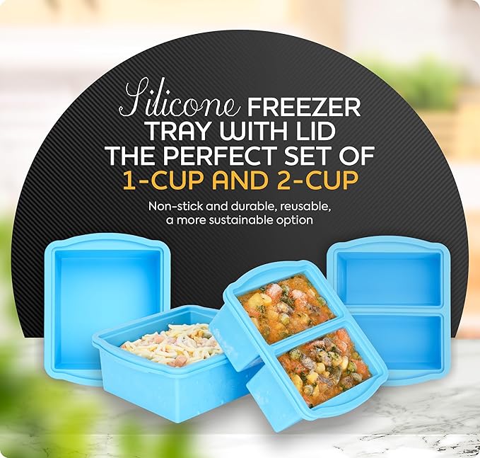 Silicone Freezer Trays with Lids, Set of 2 - with 1cup and 2 cupSilicone Freezer Molds for freezing soups, sauces and individual servings of lasagna, casseroles, dishwasher and microwave safe