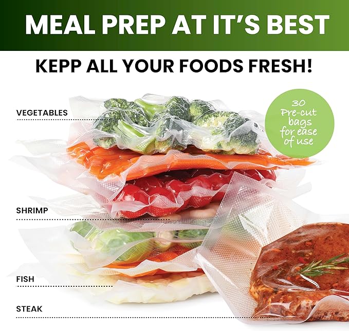 InstaSeal Vacuum Sealer Bags for Food, 1 Roll 8" x 20 Ft + 1 Roll 11" x 20 Ft + 30 Pre Cut Vacuum Seal Bags for Food, Works with MOST Vacuum Sealer Machines, Helps Keep Food Fresher Longer