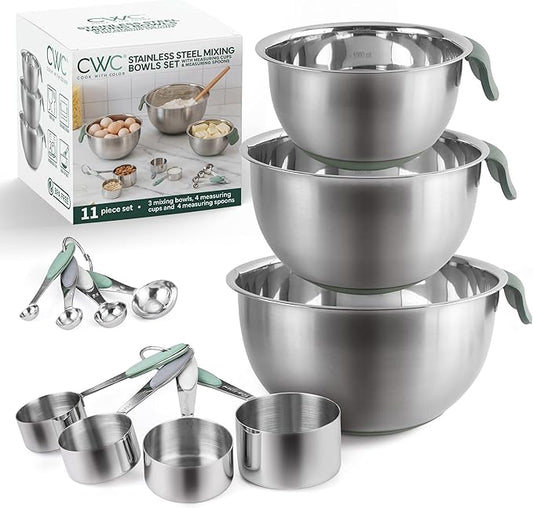 COOK WITH COLOR Stainless Steel Mixing Bowls Set and Measuring Cups- Nesting Bowls with Non-Slip Bottom and Easy-Grip Handles, Sage, 11 Pieces