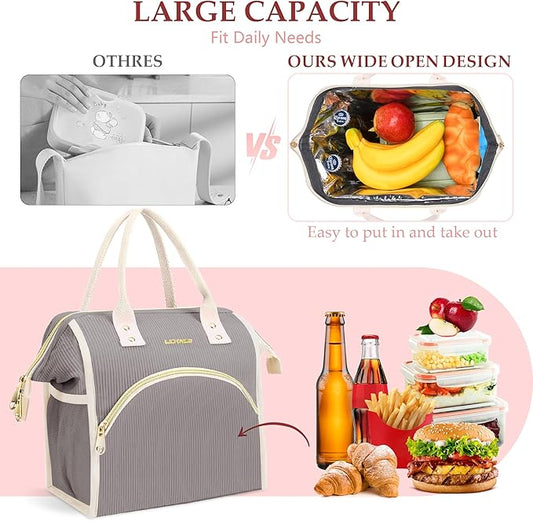 LOKASS Lunch Bag Women Insulated Lunch Box Wide-Open Lunch Tote Bag Large Cooler Bag for Work Picnic Hiking Beach（Dark Gray）