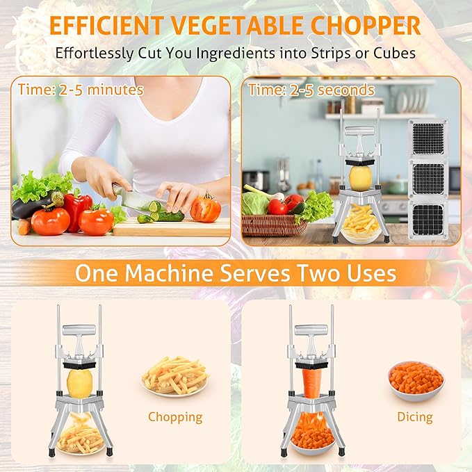WICHEMI Commercial Vegetable Chopper Dicer w/3 Replacement Blades Onion Chopper Dicer Commercial Heavy Duty Vegetable Fruit Chopper Stainless Steel French Fry Cutter for Home Kitchen & Restaurant Use