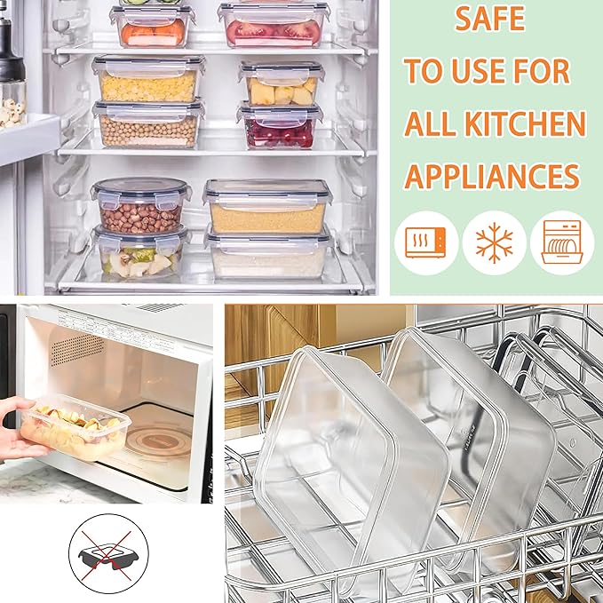 12-Piece Set of Clear Plastic Food Storage Containers with Gasket Seal Box Lids, 12 Containers and 12 Lids, Leak Proof Stackable, For Kitchen Fridge, Meal Prep Lunch Containers