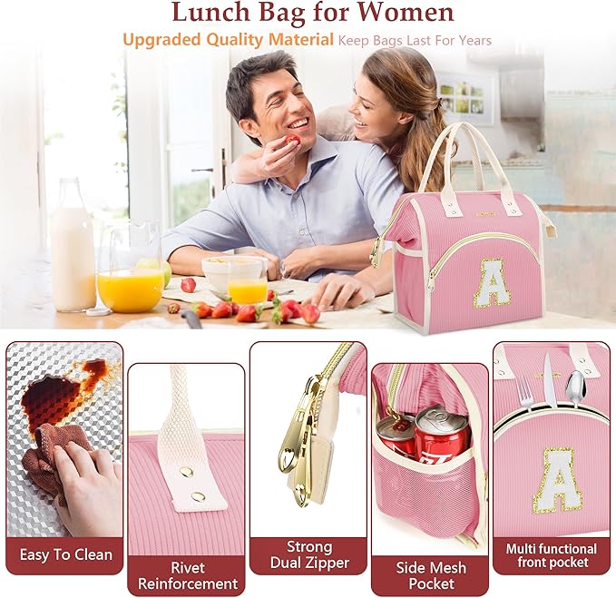 Personalized Initials Lunch Box for Women& Men, Preppy Reusable 10 L Insulated Lunch Bag, Leakproof Large Ydults lunch tote Cooler Bags Insulated for Beach,Travel,Work, Picnic-Birthday Gifts（Pink Y）