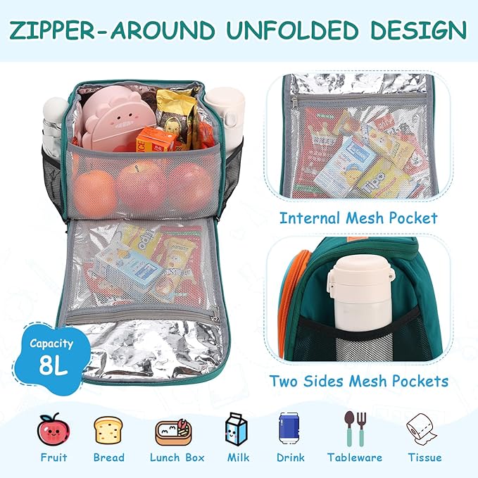 VASCHY Lunch Bag for Kids, Boys Cute Reusable Insulated Large Lunch Box Container for Children Daycare School Kindergarten Preschool Green
