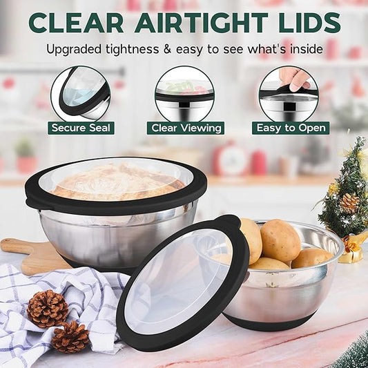 Mixing Bowls with Lids Set of 6 for Kitchen Stainless Steel Metal Nesting Bowls with Non-Slip Bottom Black - Size 1, 1.5, 2, 2.6, 3.5, 7QT