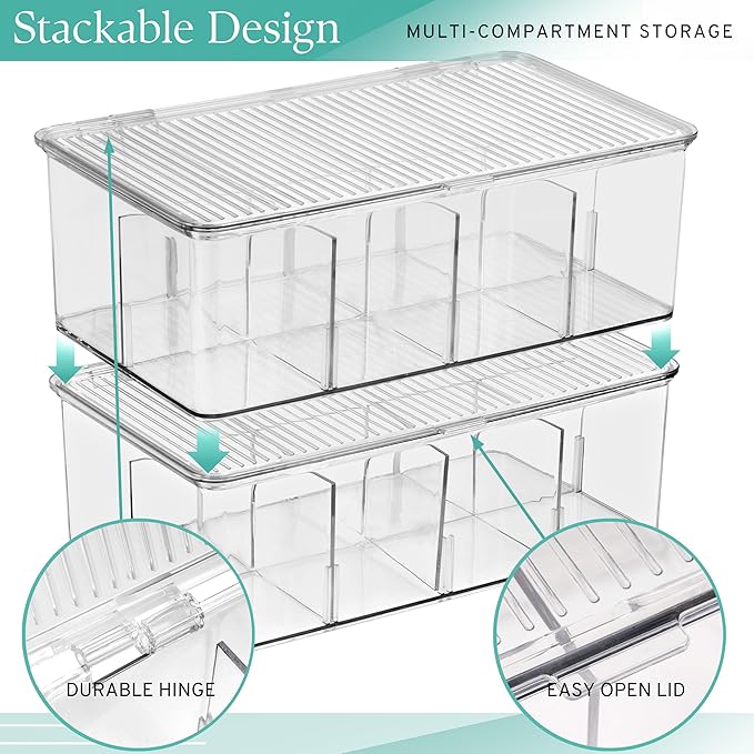 Sorbus 2 Pack Tea Bag Organizer Bins w/Lids & 4 Removable Dividers, Clear Plastic Food Packet Snack Organizer, Stackable Pantry Organization, Kitchen Storage, Fridge Bins, Sturdy Cabinet Organizers