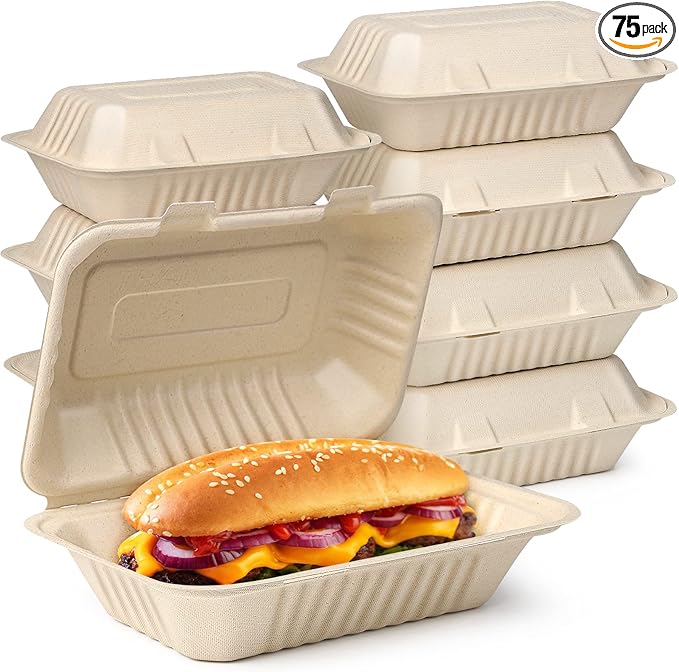 greensight 9 x 6 Clamshell Take Out Food Containers, 75 Pack Disposable To Go Containers, Compostable To Go Boxes, Biodegradable Food Containers Made of Sugar Cane Fibers