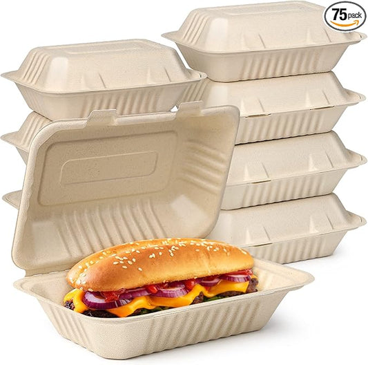 greensight 9 x 6 Clamshell Take Out Food Containers, 75 Pack Disposable To Go Containers, Compostable To Go Boxes, Biodegradable Food Containers Made of Sugar Cane Fibers