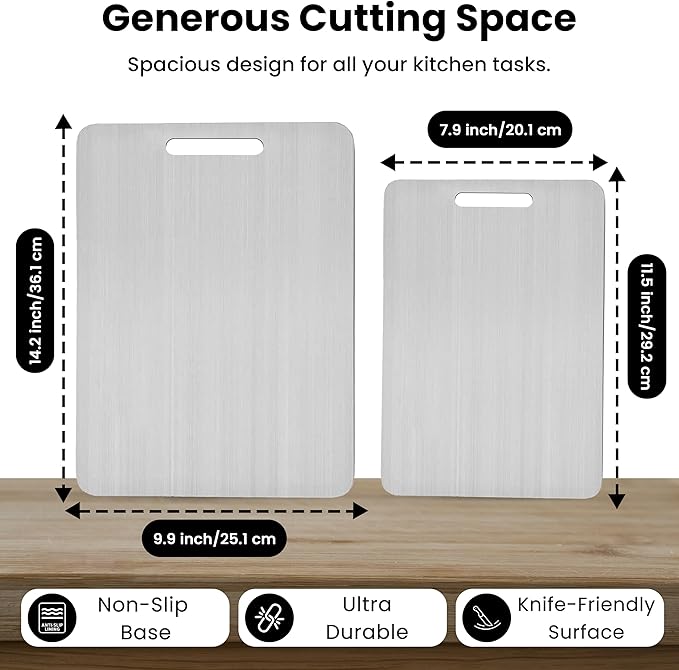 Titanium Cutting Board for Kitchen, 100% Pure Titanium Apex Large Cutting Board Titanium, 2025 New Upgraded Double-Sided - Metal Cutting Board for Fruit, Meat, Vegetables, Dishwasher Safe (2PCS)