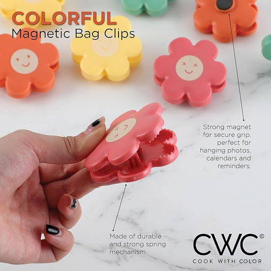 COOK WITH COLOR Cute Bag Clips - Magnetic Snack Clips for Airtight Food Storage, Bright Flowers, Pack of 8