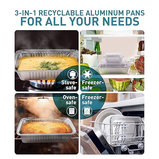 1.5LB Aluminum Pans with Clear Lids (50PACK)，1.5 Lb Foil Pans - to Go Food Containers，Recyclable Aluminum Foil with Strong Seal for Freshness & Spill Resistance-6.105.316.5