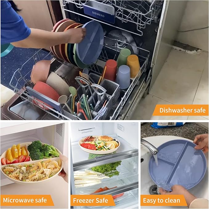 9" Unbreakable Divided Plates (8 PCS). Microwave & Dishwasher Safe! For kids & adults. Wheat straw, BPA - free. Portion control for health/weight loss. 3 -compartment, durable & smooth.