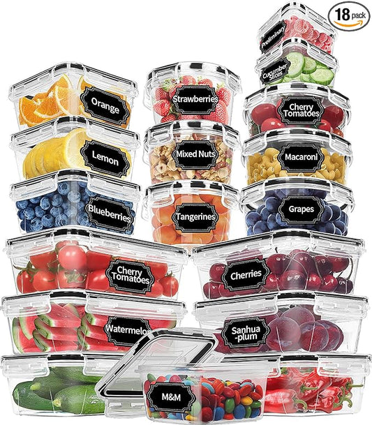 Skroam 36 Pack Food Storage Containers (18 Airtight Kitchen Storage & 18 Lids), Plastic BPA-Free Meal Prep Container for Pantry Organizers and Storage with Free Labels & Marker