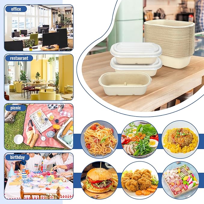50 Pack Disposable Meal Prep Containers with Lid, 23 oz Bagasse Paper Take Out Food Containers Disposable Cardboard Meal Prep Container Serving Bowls for Snack Lunch Salad Leftovers