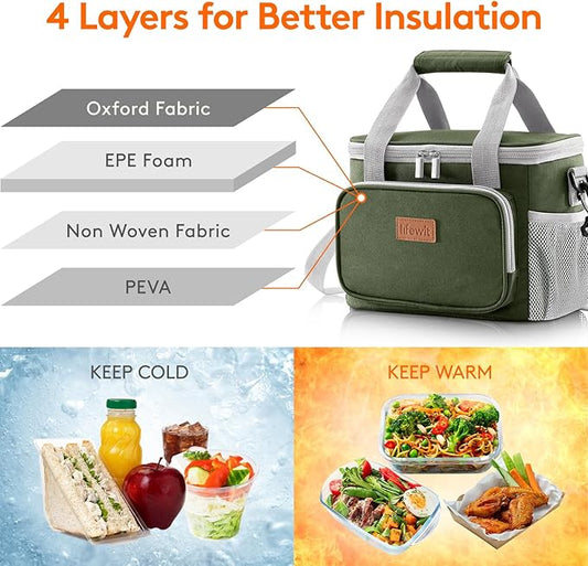 Lifewit Large Lunch Bag Insulated Lunch Box Soft Cooler Cooling Tote for Adult Men Women, Gray and Green 12-Can (9L)