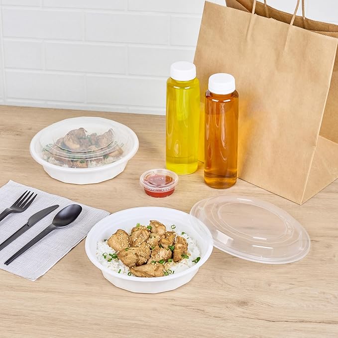 Restaurantware Asporto 24 Ounce To Go Boxes 100 Microwavable Take Out Food Containers - Clear Plastic Lids Included Do Not Contain BPA White Plastic Catering Food Containers Disposable Round