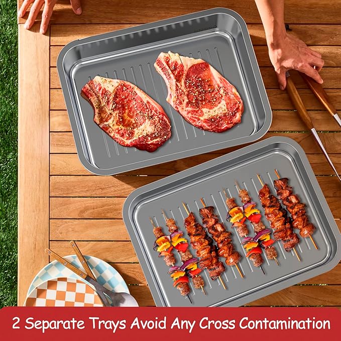 Geesta Grilling Prep and Serve Tays, Stainless Steel Large Capacity Food Prep Tray, Grill Carry System, Marinade Container with Lid and Cutting Board,BBQ Grill Accessories, Grilling Gifts for Men