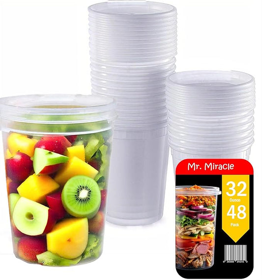 Mr Miracle Deli Containers with Lids - 48 Pack of 32 oz Clear Airtight Reusable Plastic Food and Multi-Purpose Containers - Microwave, Freezer, and Dishwasher Safe