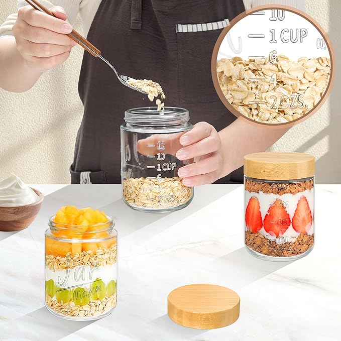 6-Pack Overnight Oats Containers with Bamboo Lids, 16oz Airtight Glass Meal Prep Jars for Oatmeal, Yogurt, Parfaits, Chia Pudding, Leakproof Mason Jars for Overnight Oats & Food Storage