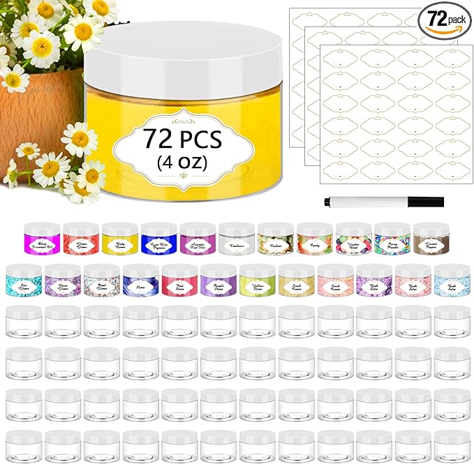 72 Pcs Plastic Jars, 4 OZ Plastic Jars with White Lids Round Clear Storage Containers Jar Leak Proof Slime Containers with Lids for Travel Refillable Slime Storage Jar for Beauty Product