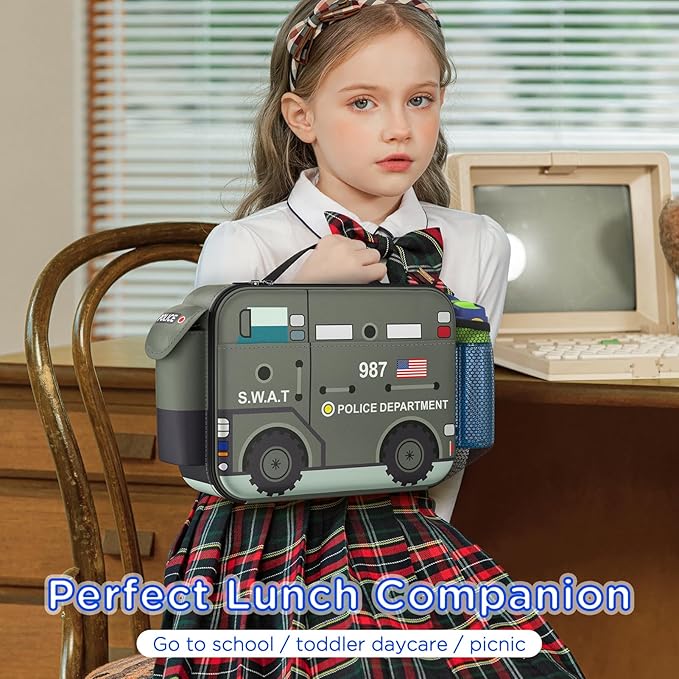Bento Box for Kids with Insulated Lunch Bag, Lunch box Set with Kids Water Bottle, Ice Pack, Utensils, Sauce Container, Lunch Container for Kids, Toddlers, Boys Age 3-15(Black Police Car)