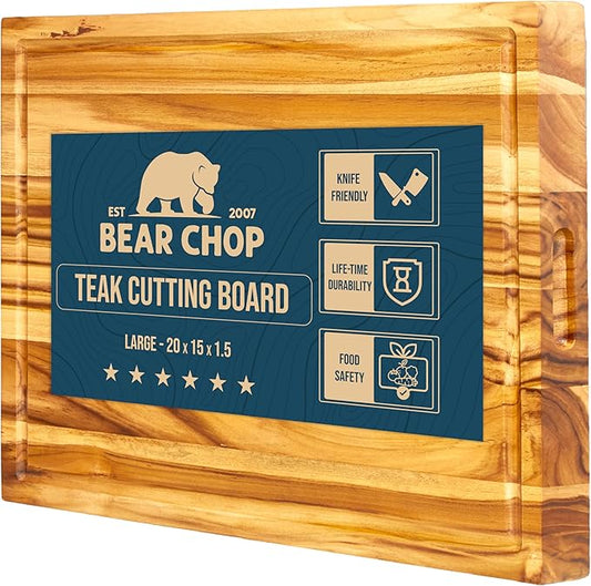 Bearchop Teak Cutting Boards for Kitchen, [20" x 15" x 1.5"] Large Edge Grain Cutting Boards, Solid Teak Wood Butcher Block Cutting Board with Juice Grooves and Handle, Knife Friendly and Reversible
