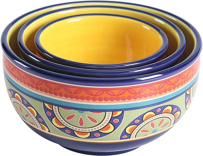 Bico Tunisian Ceramic Bowl with Air Tight Lid Set of 3(27oz, 18oz, 9oz each), Prep bowls, Food Storage Bowl for Salad, Snacks, Fruits, Microwave and Dishwasher Safe