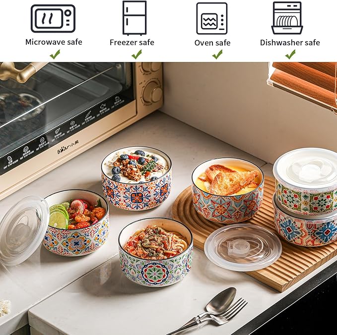 Ceramic Bowl with Lid: Microwave Safe Soup Containers Set of 6 for Meal Prep, Cereal, Salad, Picnic, Camping, Office Lunch, Kitchen Food Storage - 5 Inch, 20 oz, Design B