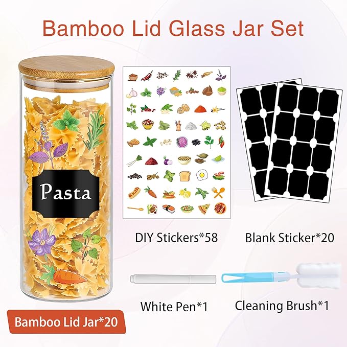 16 oz 20 pcs Glass Jars with Bamboo Lids, Airtight Kichen Glass Pantry Storage Containers with Lids for Rice, Candy, Sugar, Flour, Nuts, Cookie, Spice